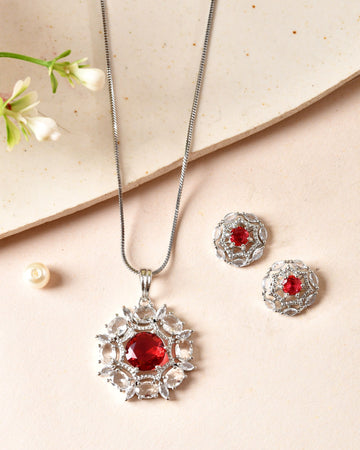 VOJ Silver Plated Ruby Red Circular Stone Studded Floral Ad Chain Set - Dista
