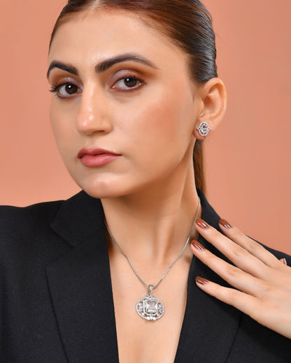 VOJ Silver Plated Rectangular Stone Studded Ad Chain Set - Dista