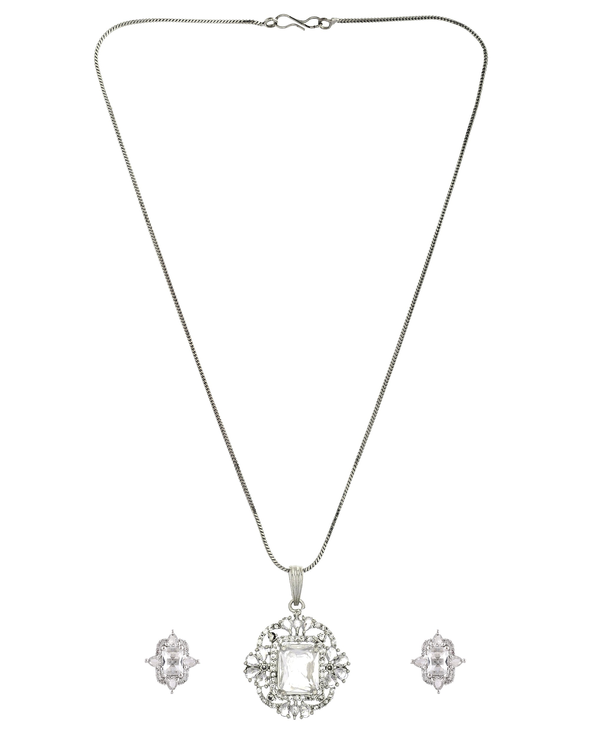 VOJ Silver Plated Rectangular Stone Studded Ad Chain Set