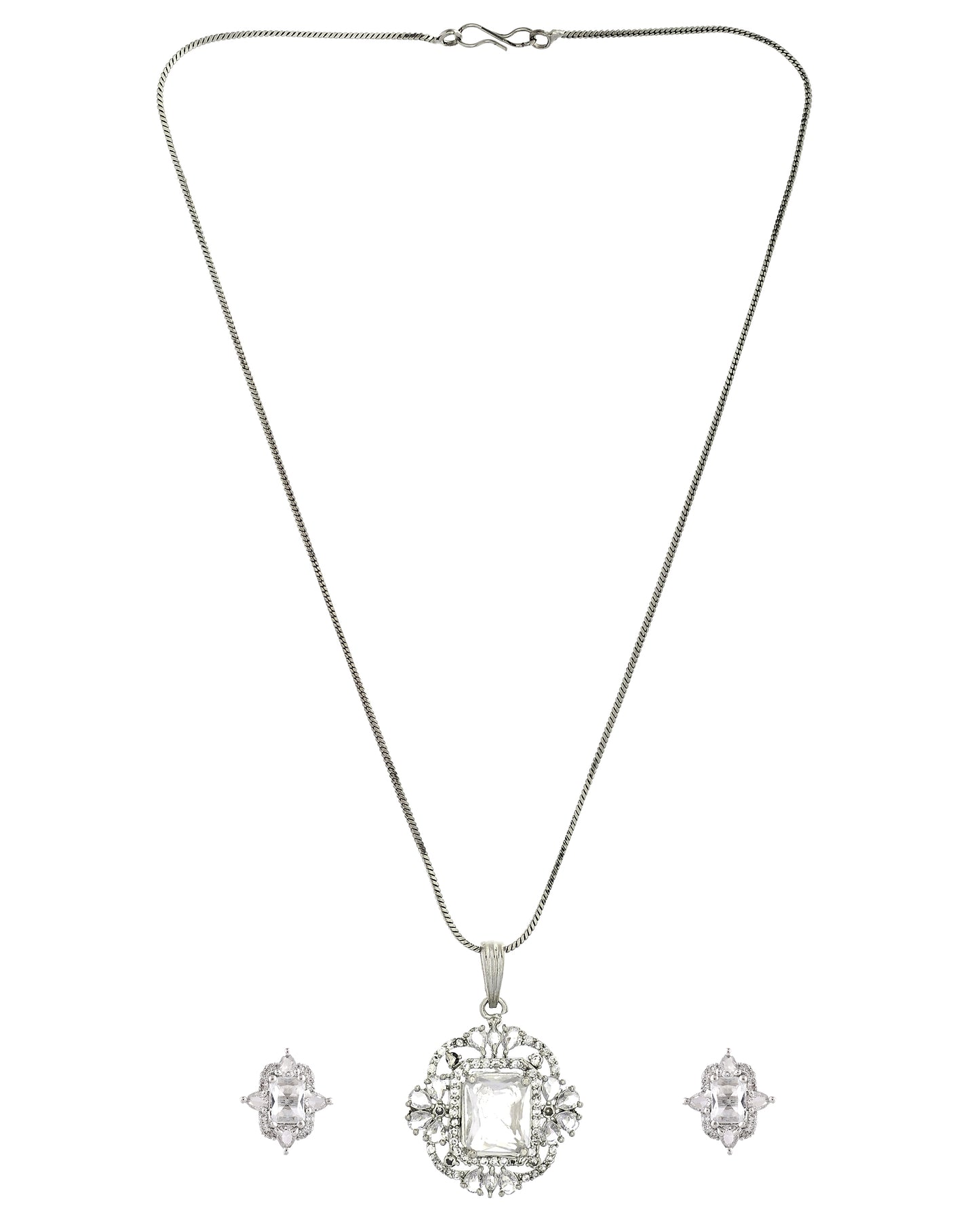 VOJ Silver Plated Rectangular Stone Studded Ad Chain Set - Dista