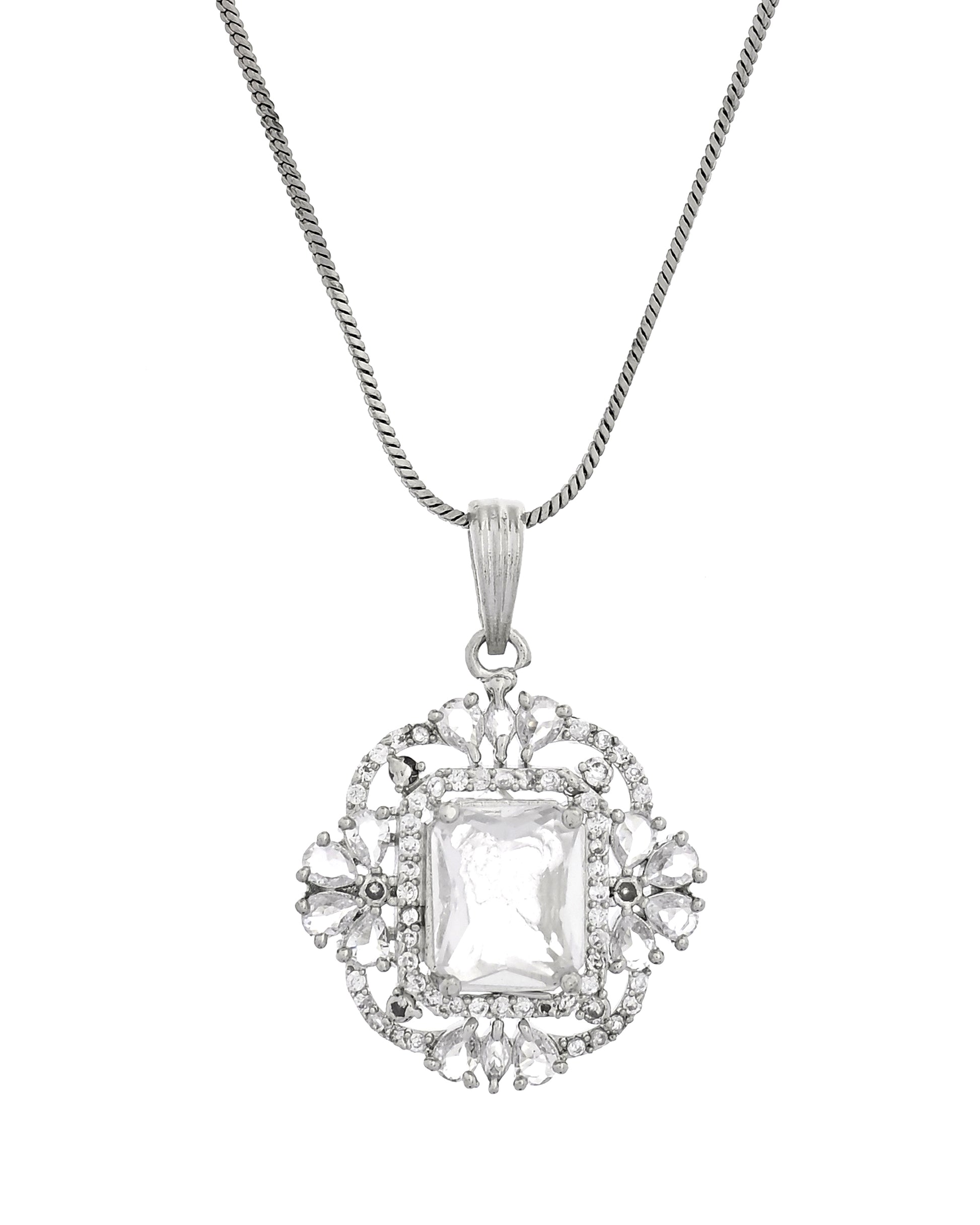 VOJ Silver Plated Rectangular Stone Studded Ad Chain Set - Dista