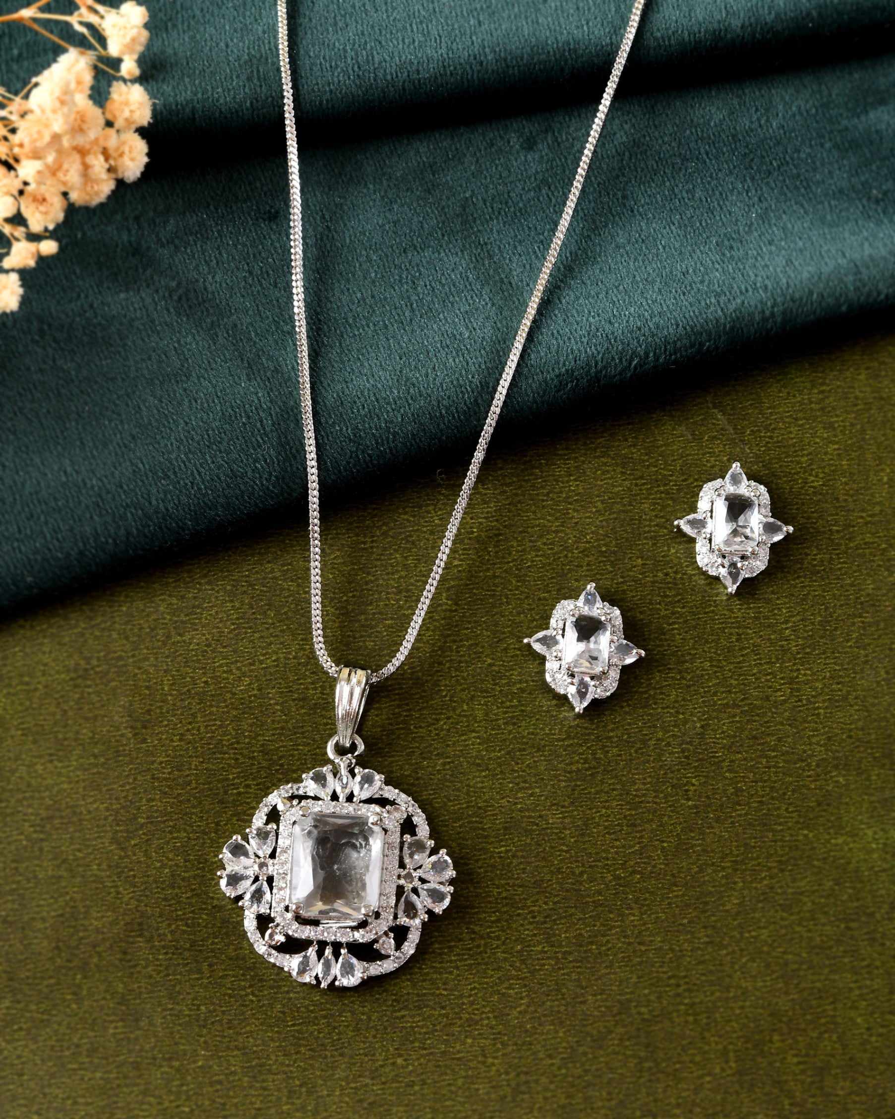 VOJ Silver Plated Rectangular Stone Studded Ad Chain Set - Dista