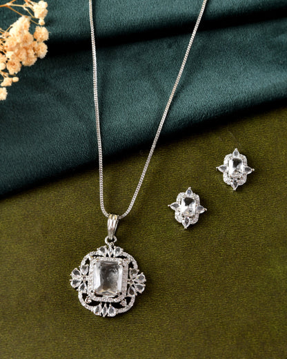 VOJ Silver Plated Rectangular Stone Studded Ad Chain Set - Dista