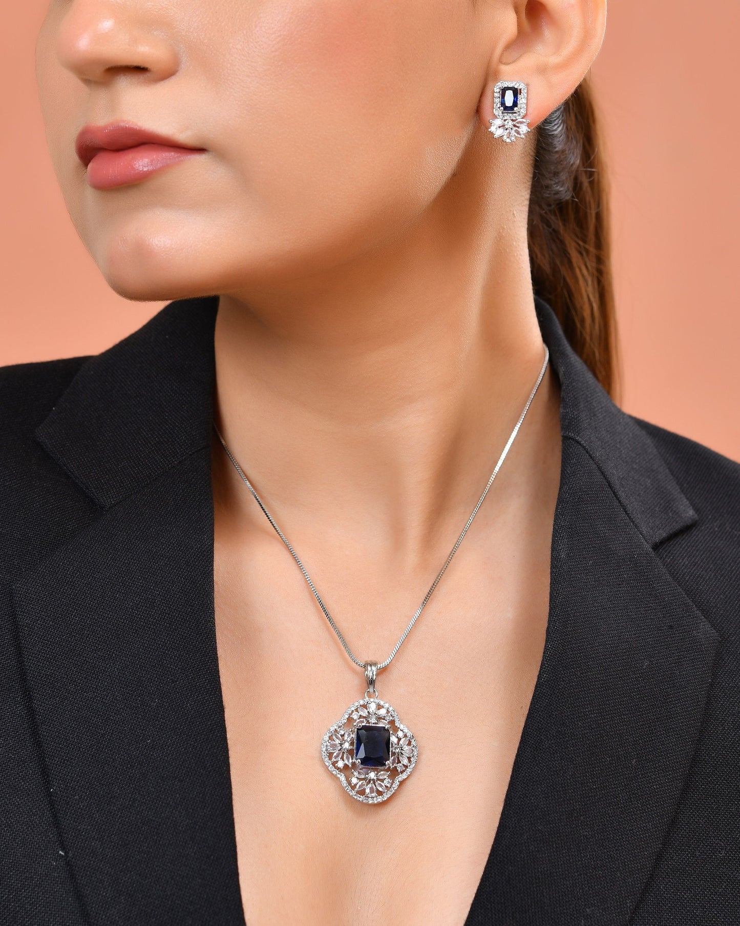 VOJ Silver Plated Blue Rectangular Stone Studded Ad Chain Set - Dista