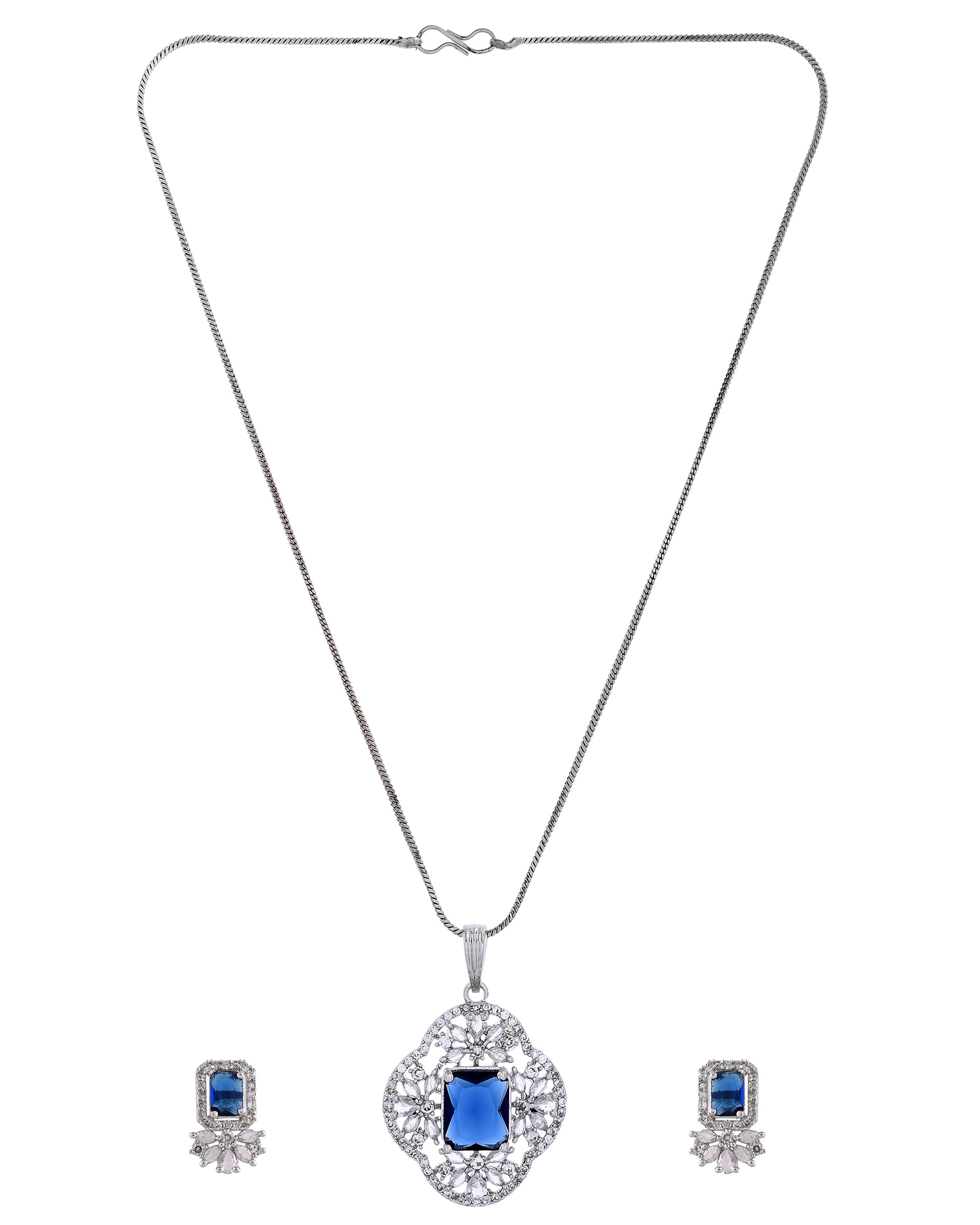 VOJ Silver Plated Blue Rectangular Stone Studded Ad Chain Set - Dista