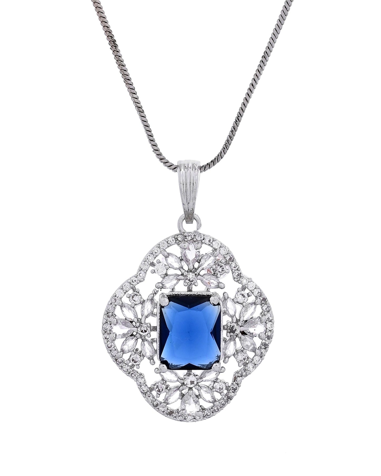 VOJ Silver Plated Blue Rectangular Stone Studded Ad Chain Set - Dista