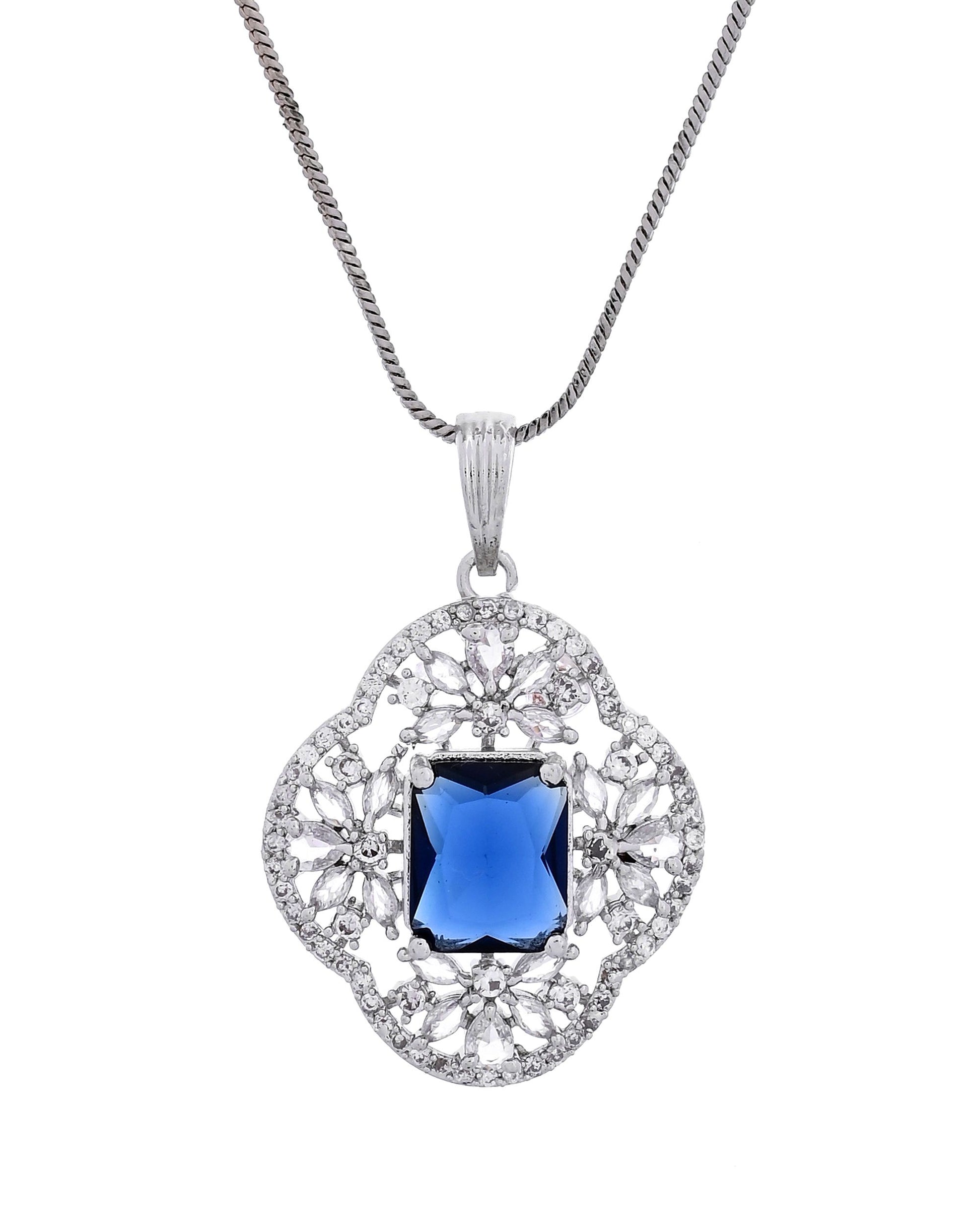 VOJ Silver Plated Blue Rectangular Stone Studded Ad Chain Set - Dista