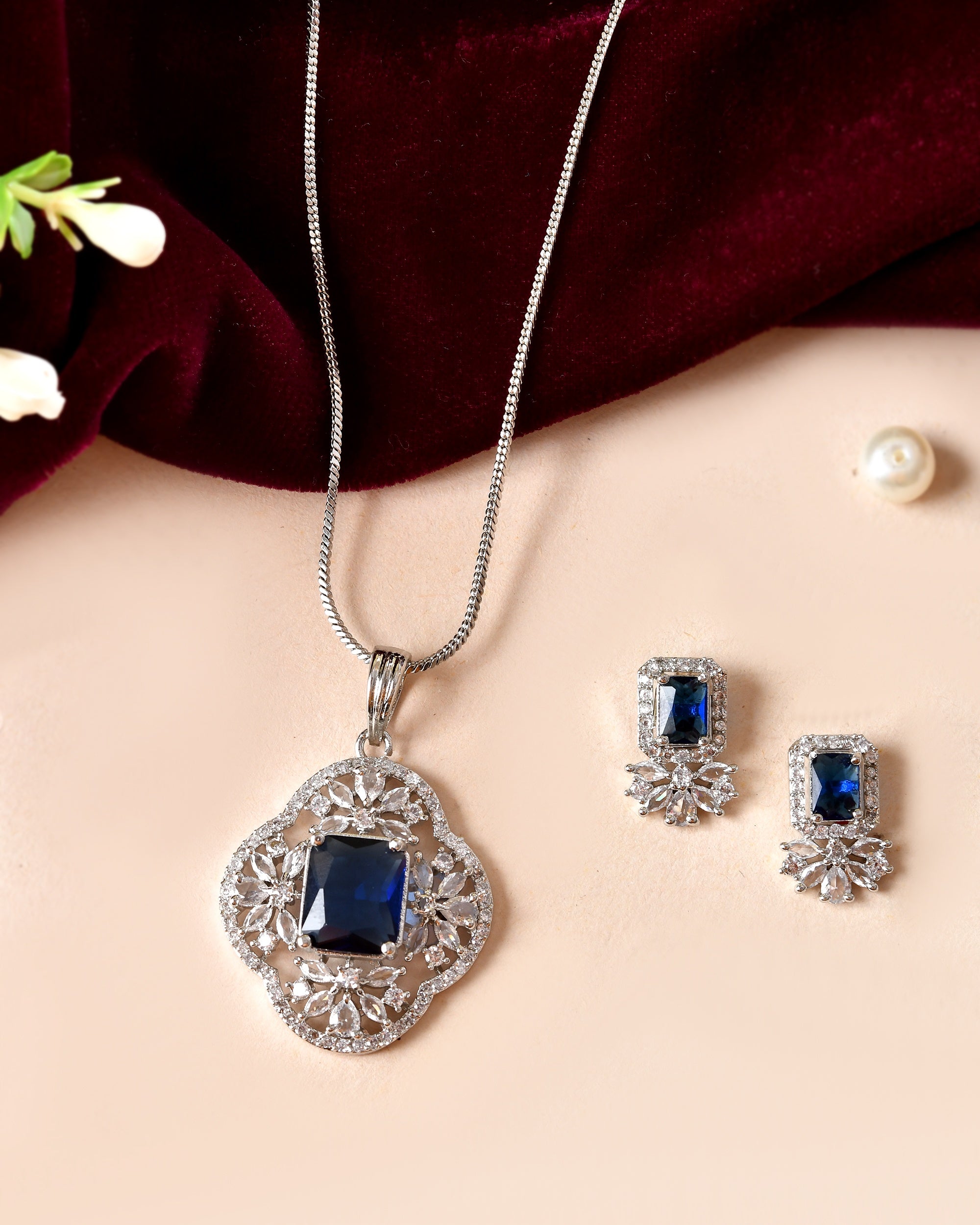 VOJ Silver Plated Blue Rectangular Stone Studded Ad Chain Set