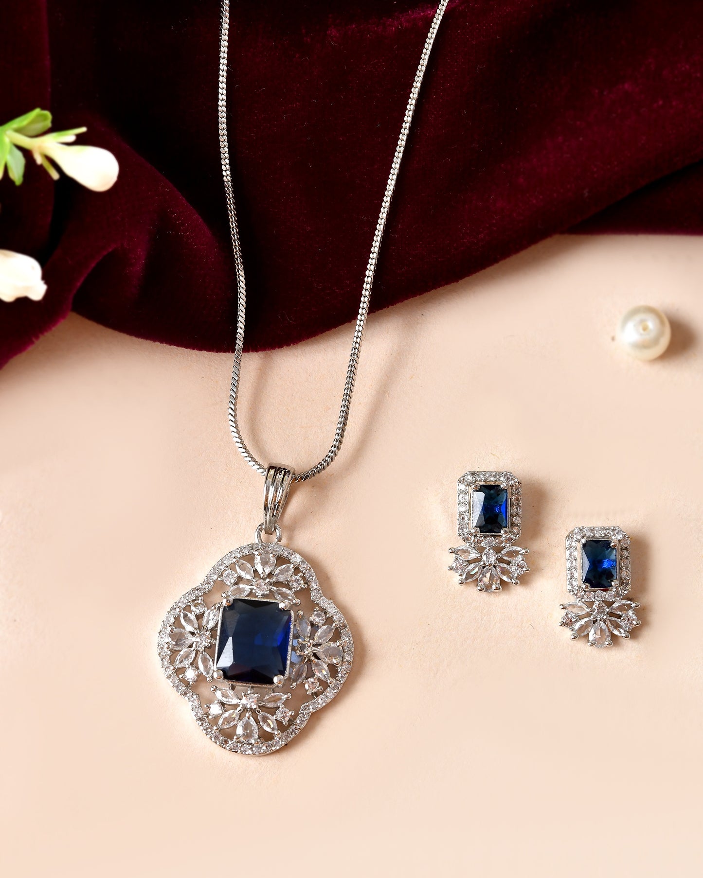 VOJ Silver Plated Blue Rectangular Stone Studded Ad Chain Set - Dista