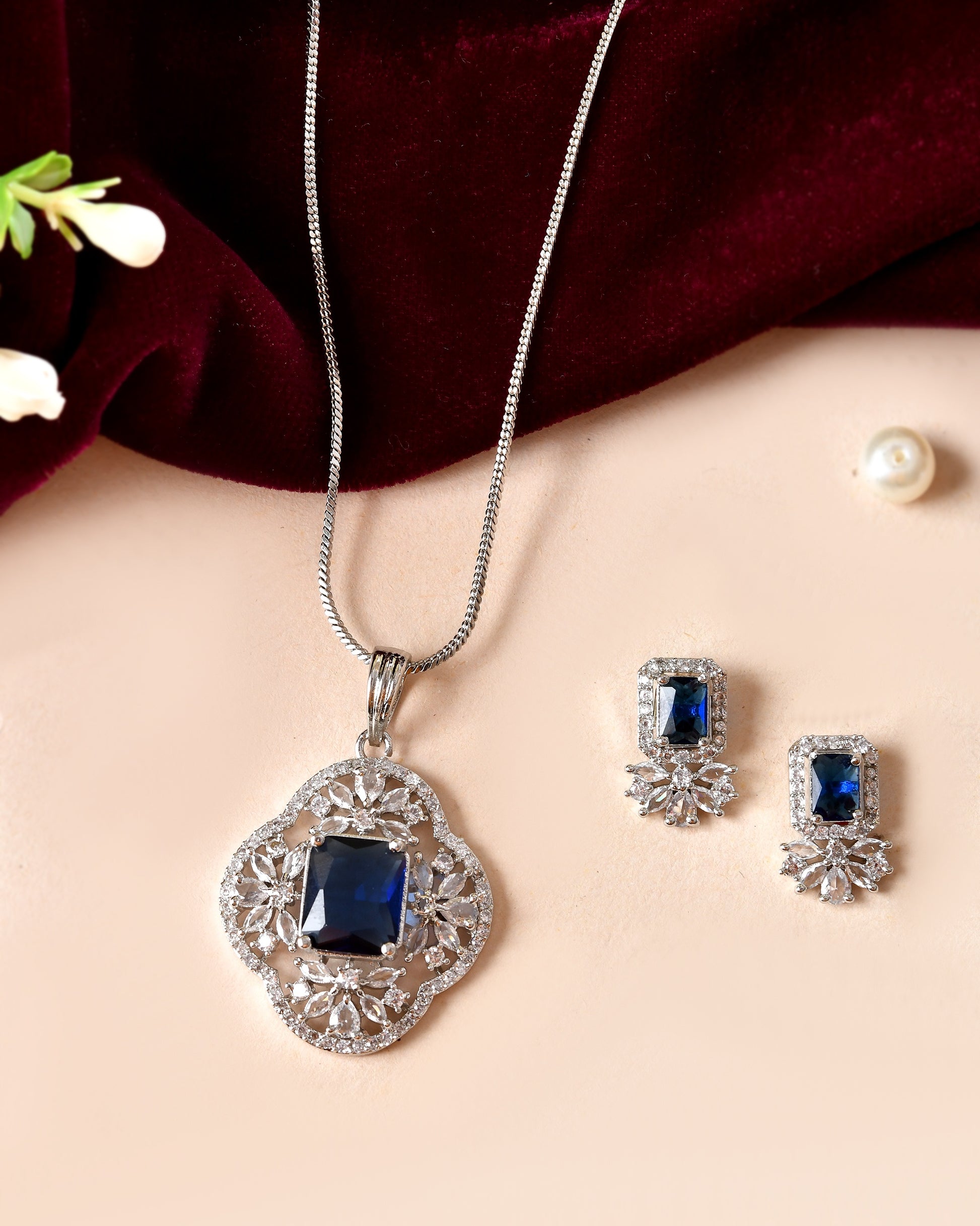 VOJ Silver Plated Blue Rectangular Stone Studded Ad Chain Set - Dista