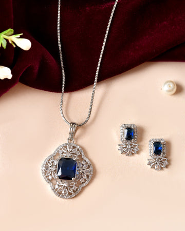VOJ Silver Plated Blue Rectangular Stone Studded Ad Chain Set - Dista