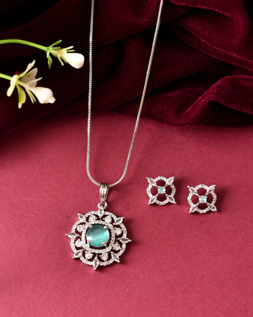 VOJ Silver Plated Sea Green Circulare Stone Studded Sun Shaped Ad Pendant With Chain Set - Dista