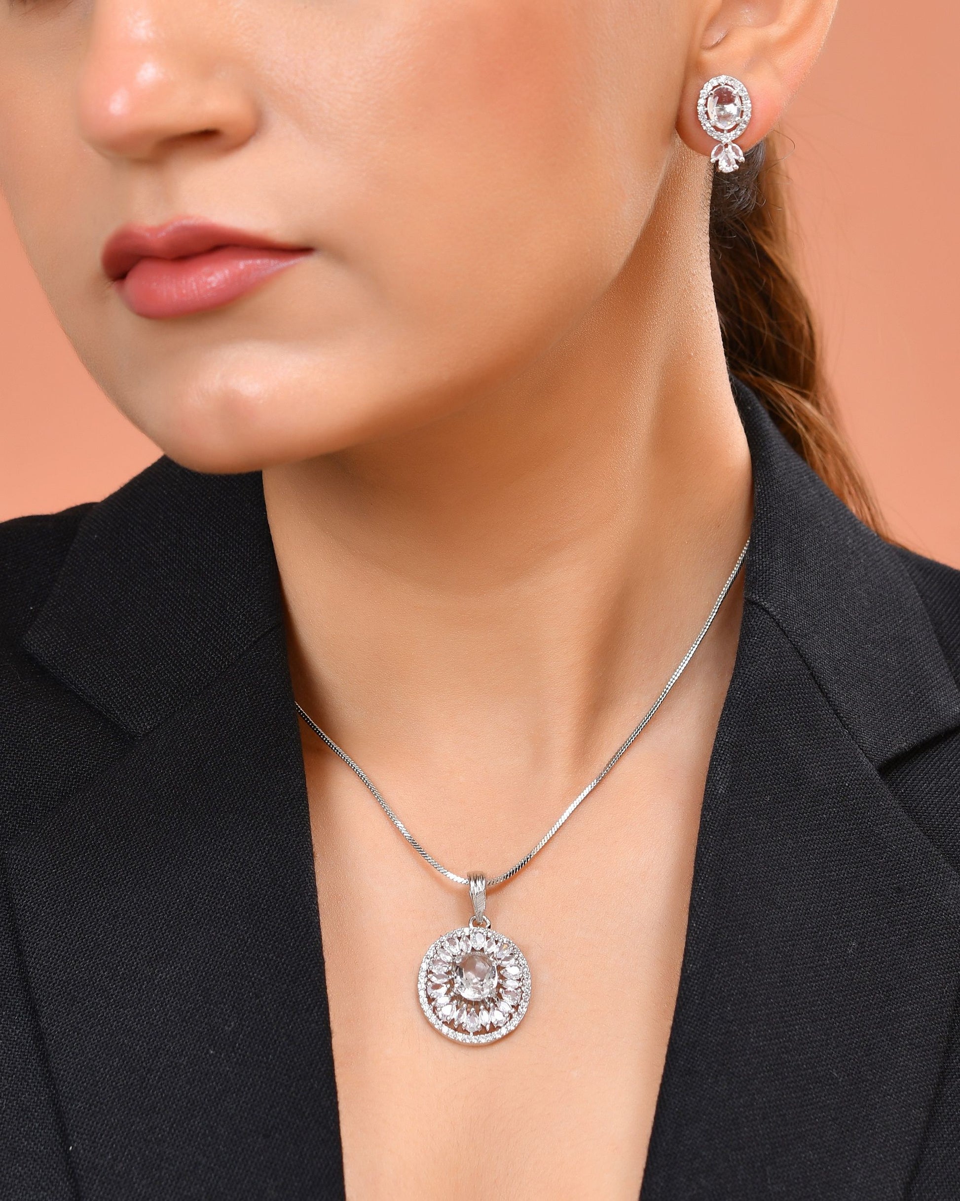VOJ Silver Plated Oval Shaped Ad Stone Studded Chain Set - Dista