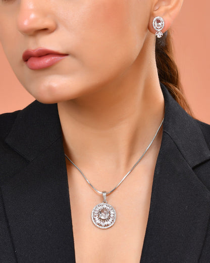 VOJ Silver Plated Oval Shaped Ad Stone Studded Chain Set - Dista