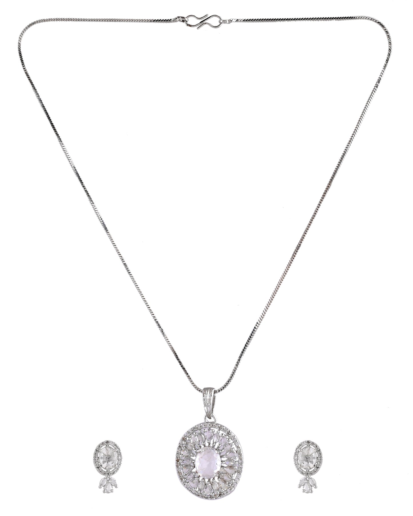 VOJ Silver Plated Oval Shaped Ad Stone Studded Chain Set - Dista
