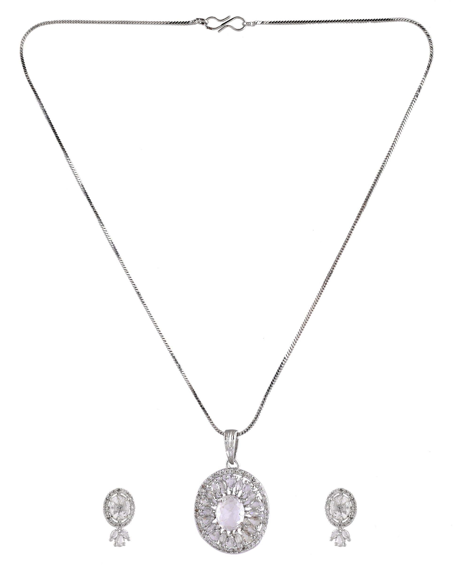 VOJ Silver Plated Oval Shaped Ad Stone Studded Chain Set - Dista
