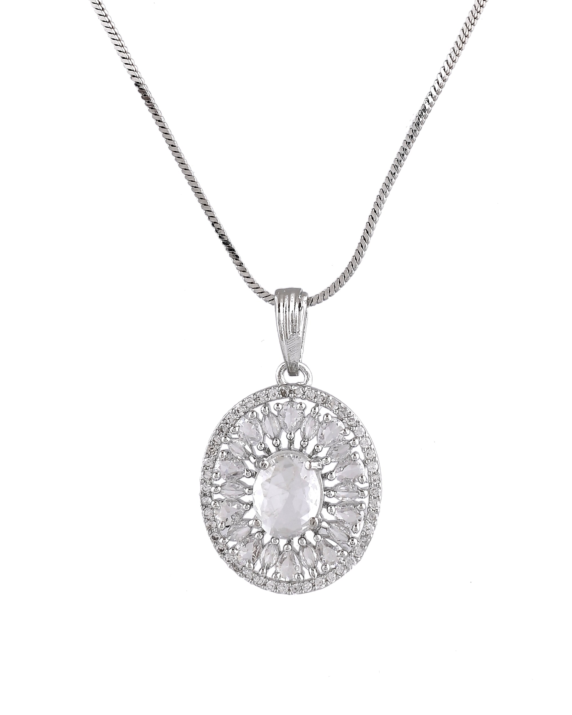 VOJ Silver Plated Oval Shaped Ad Stone Studded Chain Set