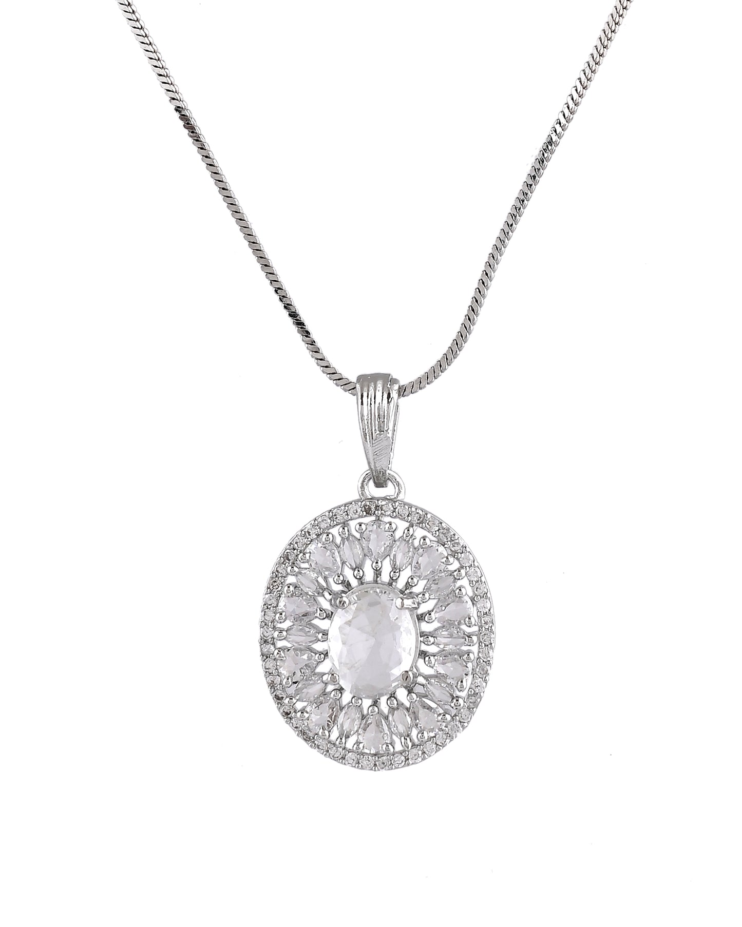 VOJ Silver Plated Oval Shaped Ad Stone Studded Chain Set - Dista