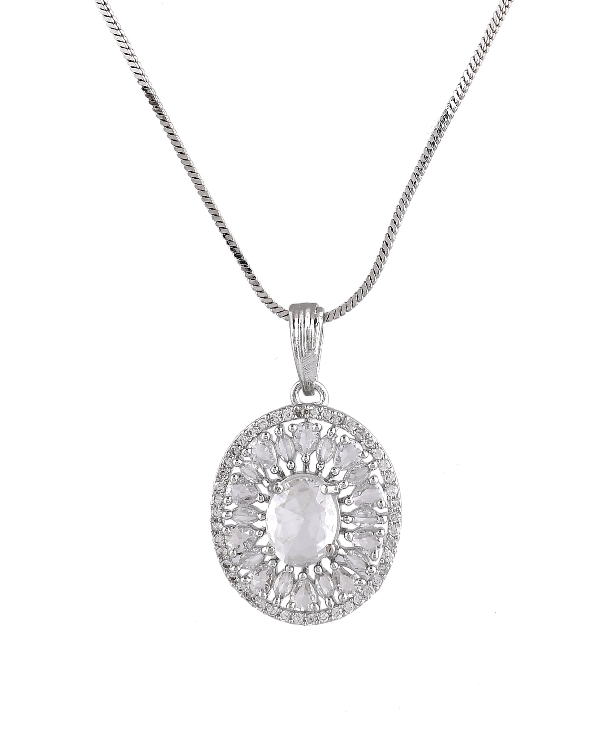 VOJ Silver Plated Oval Shaped Ad Stone Studded Chain Set - Dista