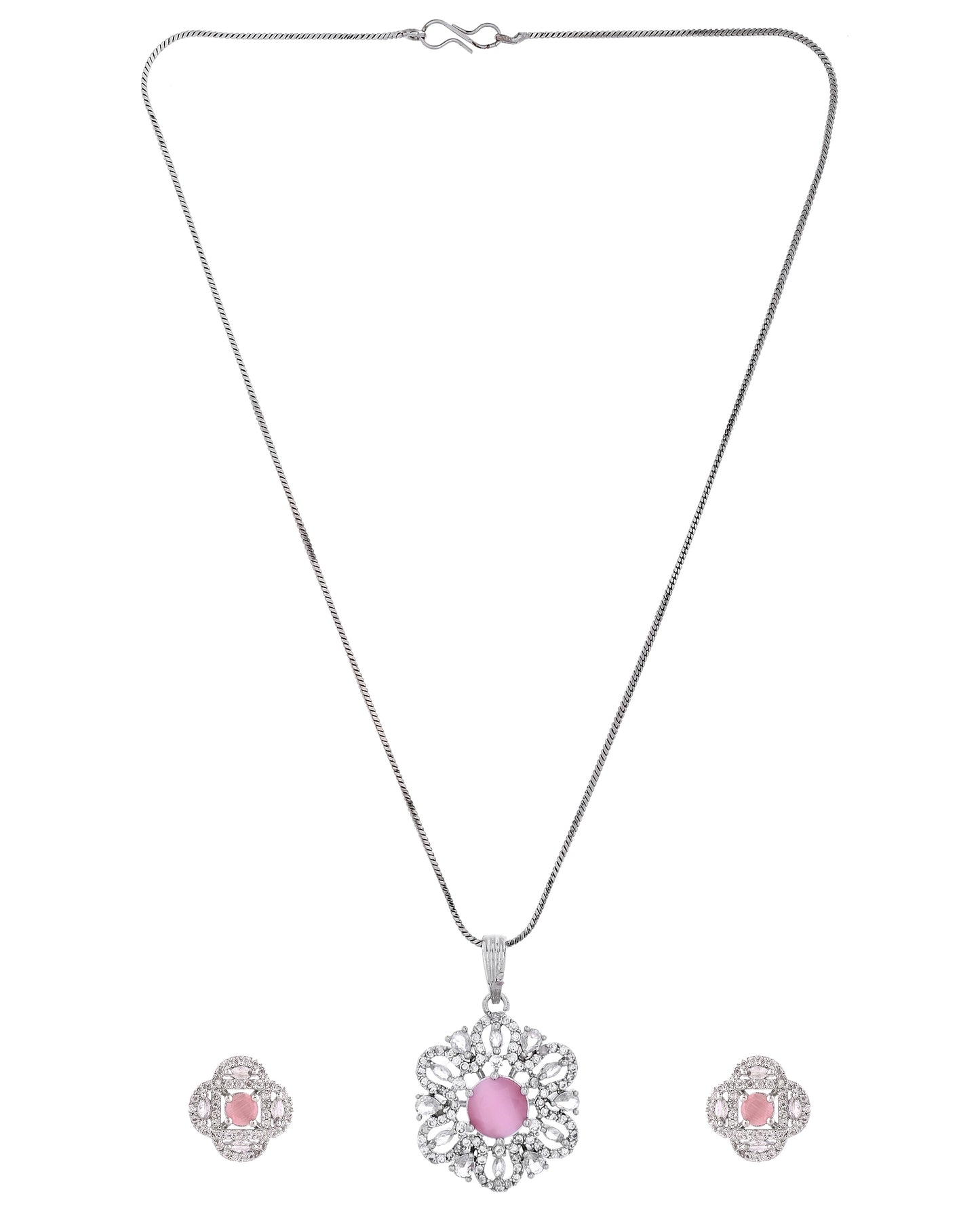 VOJ Silver Plated Floral Shaped Baby Pink Circular Ad Chain Set - Dista