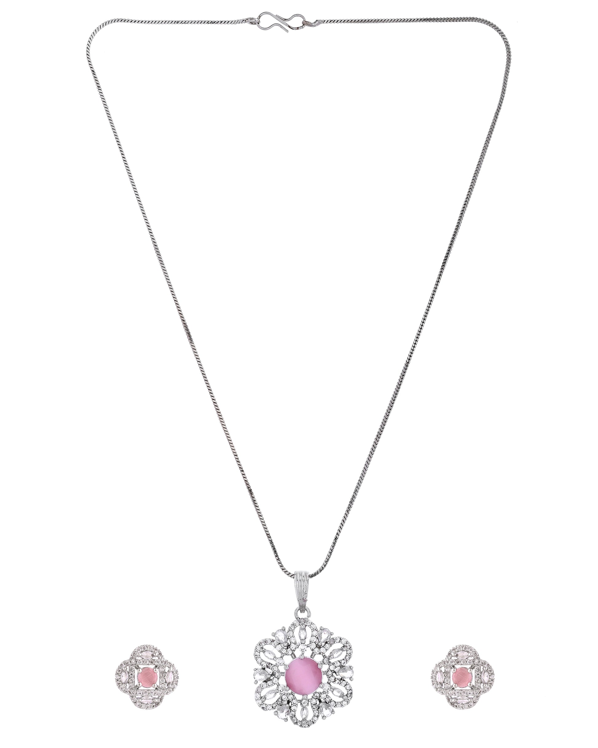 VOJ Silver Plated Floral Shaped Baby Pink Circular Ad Chain Set - Dista