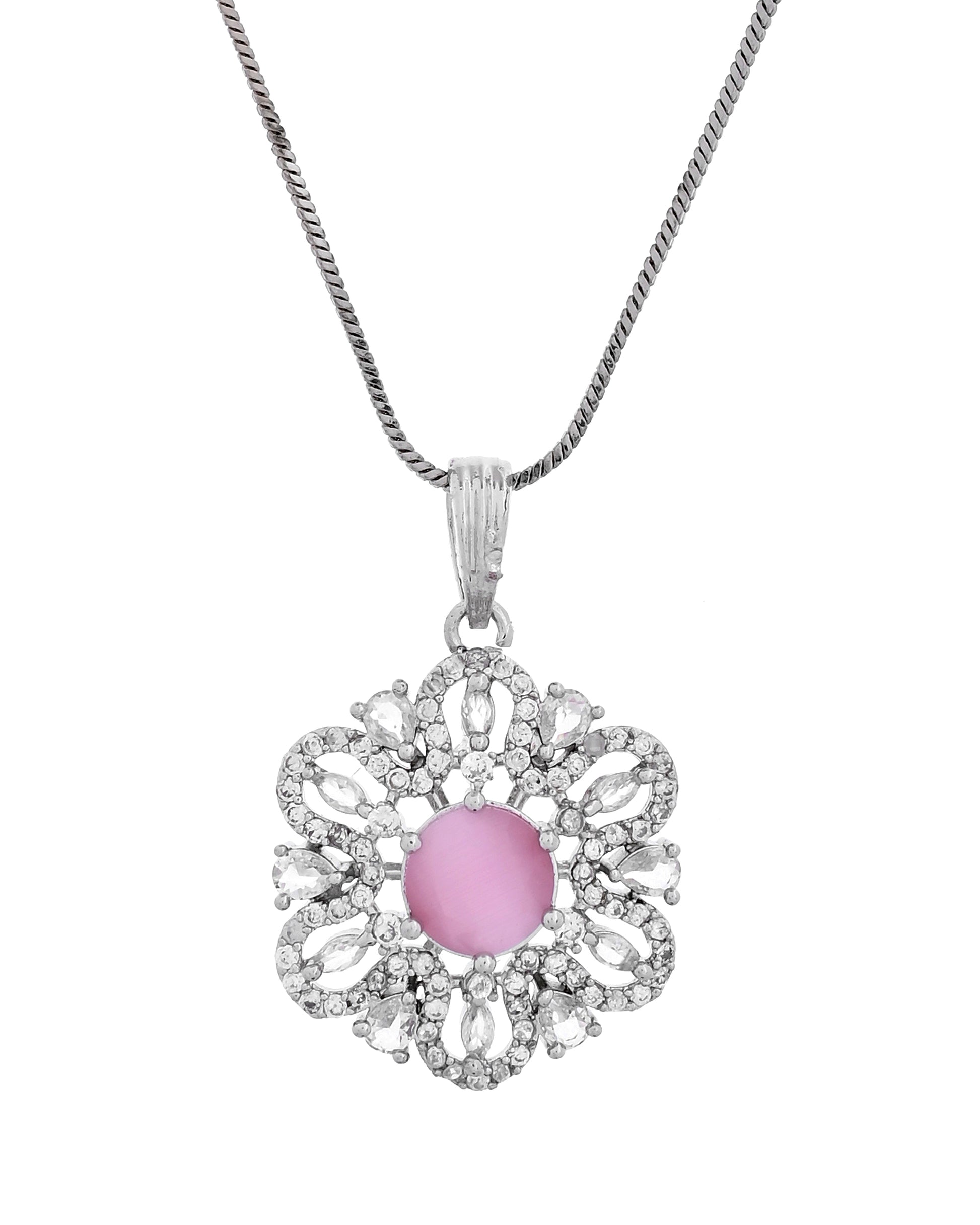 VOJ Silver Plated Floral Shaped Baby Pink Circular Ad Chain Set - Dista