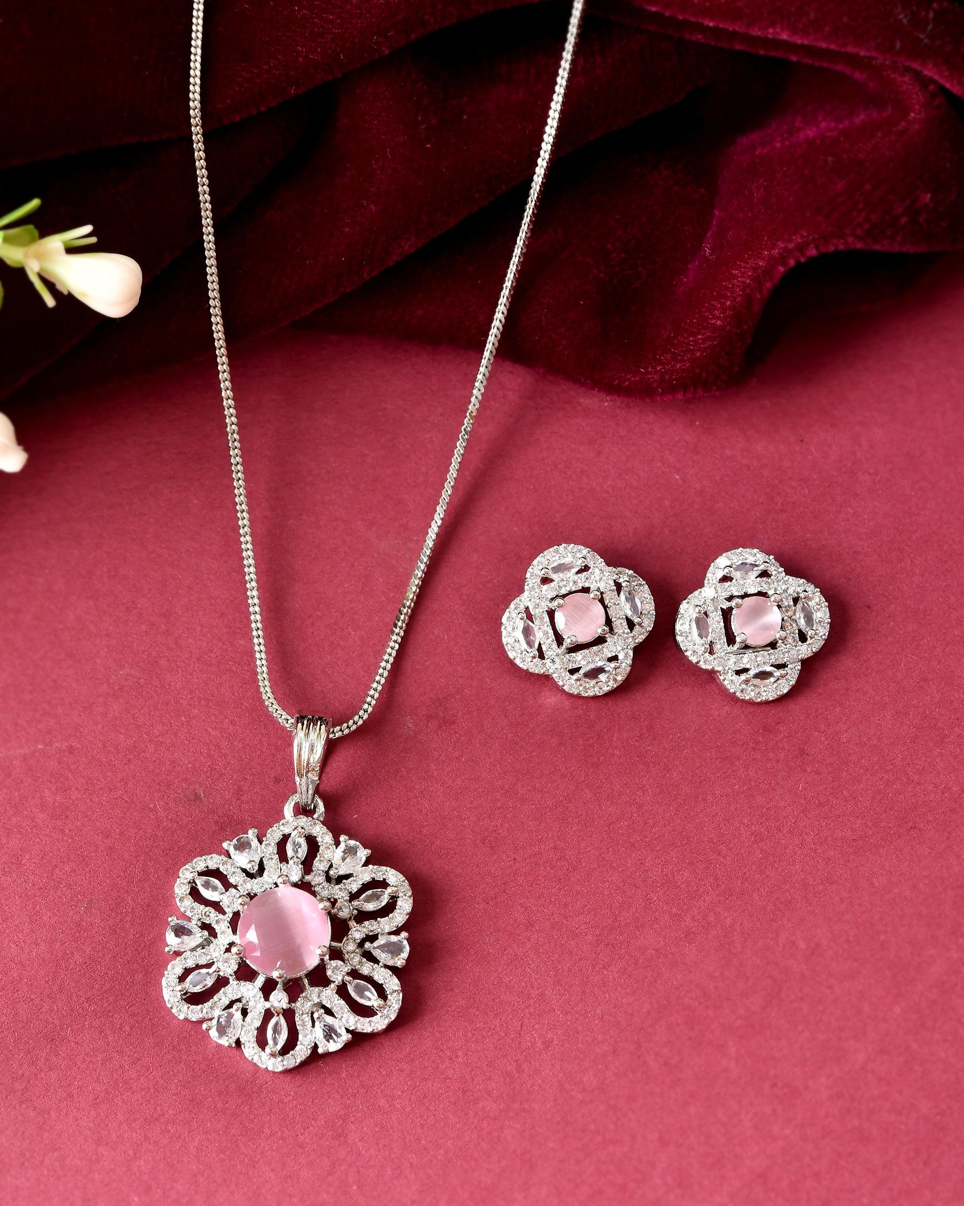 VOJ Silver Plated Floral Shaped Baby Pink Circular Ad Chain Set - Dista