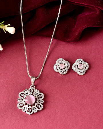 VOJ Silver Plated Floral Shaped Baby Pink Circular Ad Chain Set - Dista