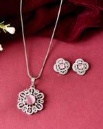 Thumbnail for VOJ Silver Plated Floral Shaped Baby Pink Circular Ad Chain Set - Dista