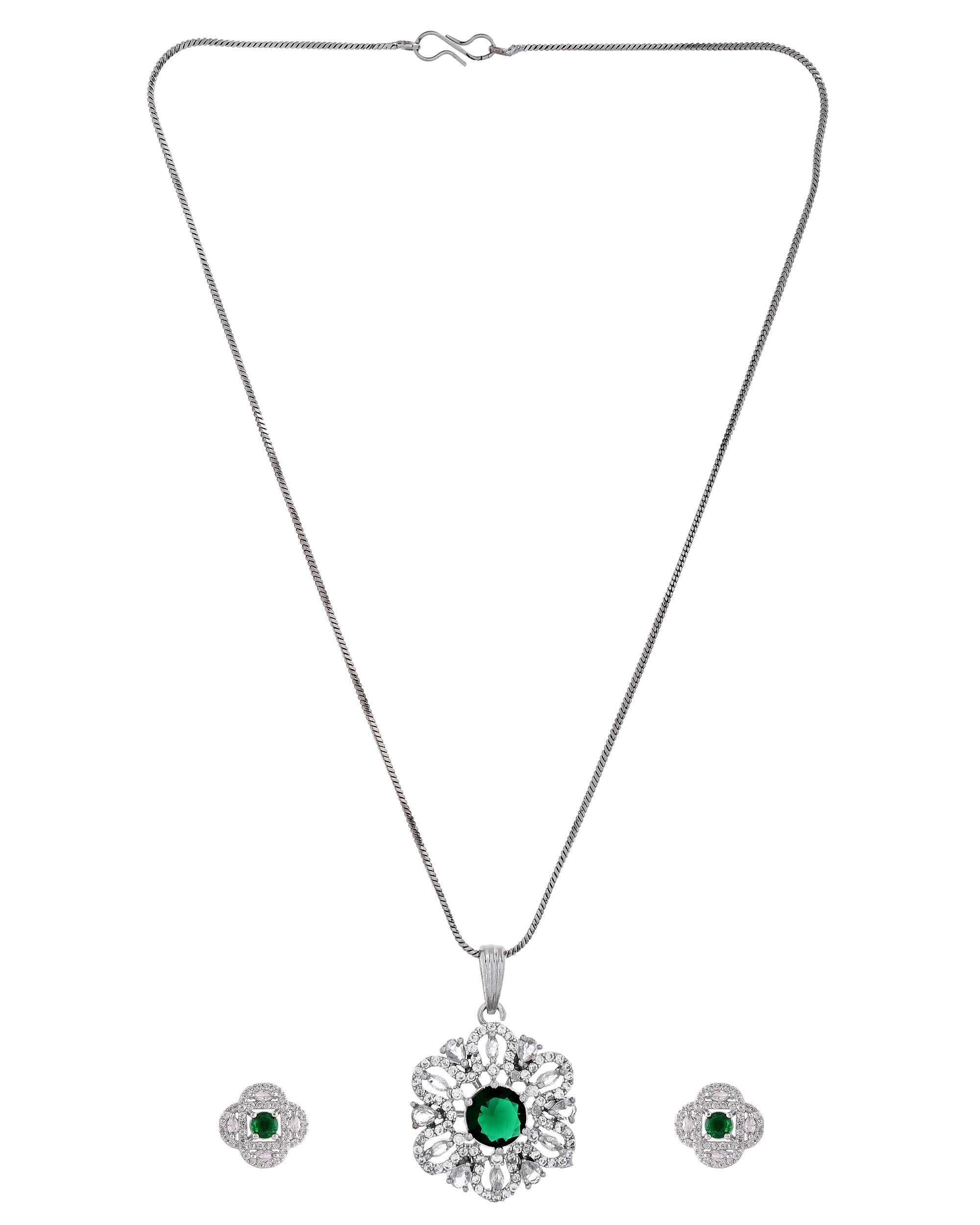 VOJ Silver Plated Floral Shaped Green Circular Ad Chain Set - Dista