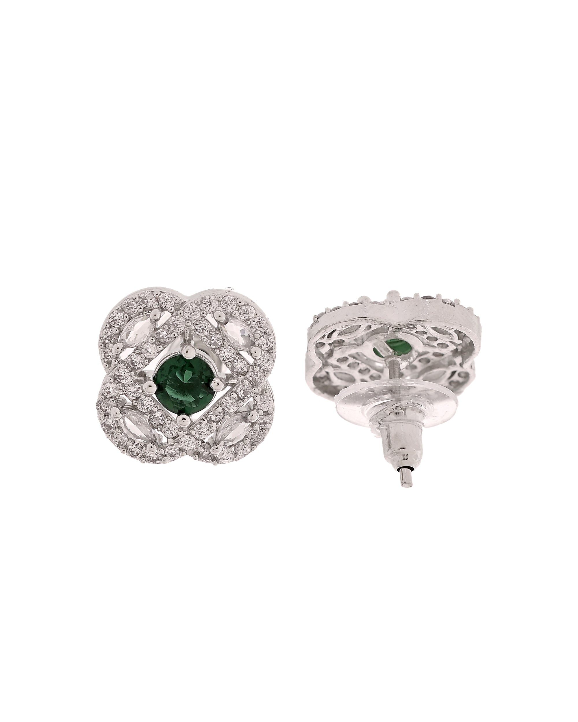 VOJ Silver Plated Floral Shaped Green Circular Ad Chain Set - Dista