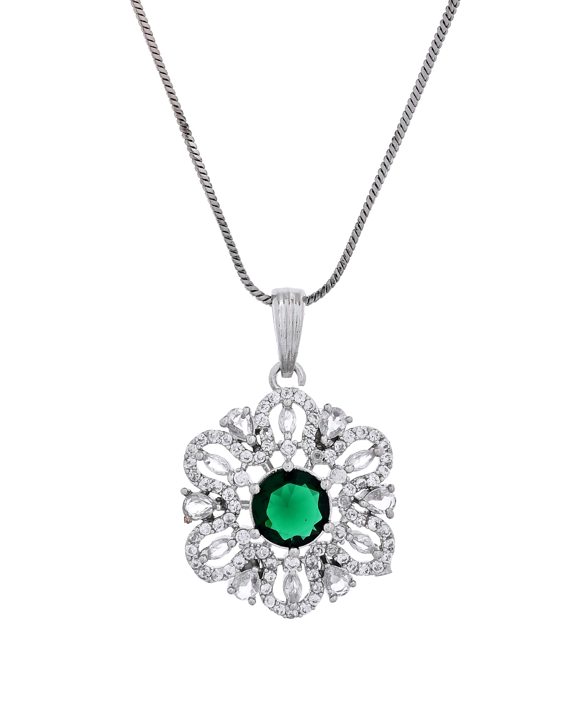 VOJ Silver Plated Floral Shaped Green Circular Ad Chain Set - Dista