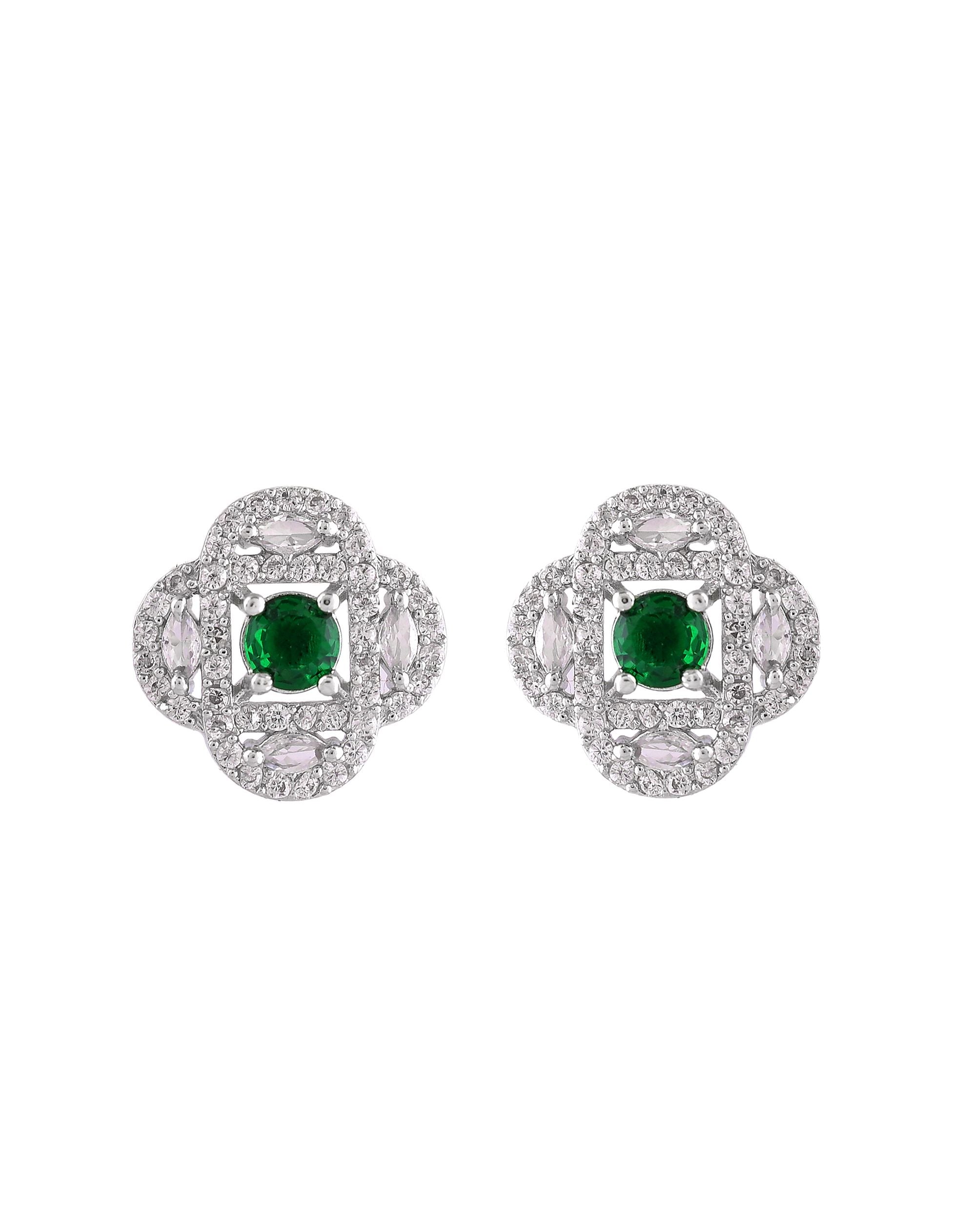 VOJ Silver Plated Floral Shaped Green Circular Ad Chain Set - Dista