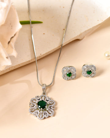 VOJ Silver Plated Floral Shaped Green Circular Ad Chain Set - Dista