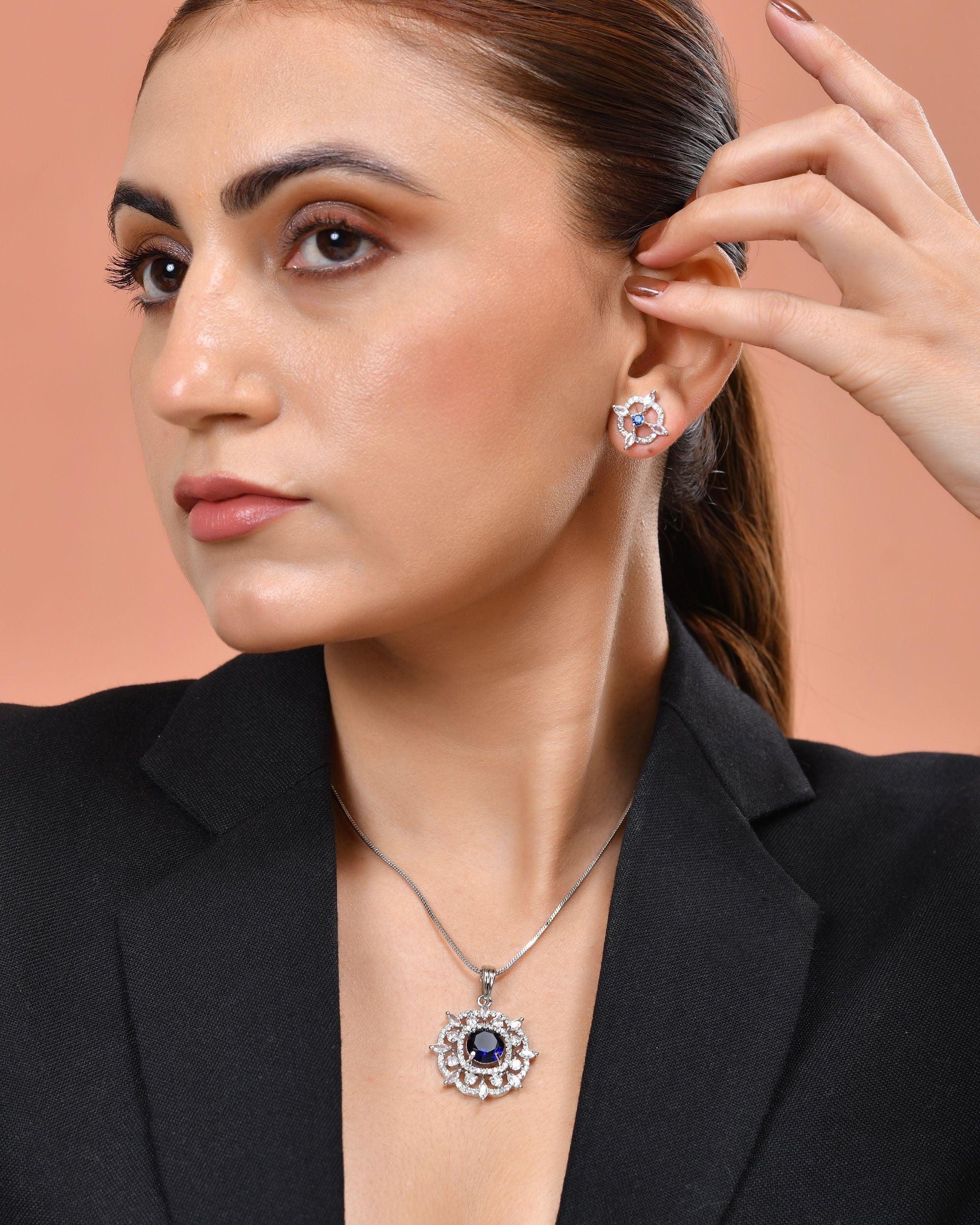 VOJ Silver Plated Blue Circular Stone Studded Sun Shaped Ad Pendant With Chain Set - Dista