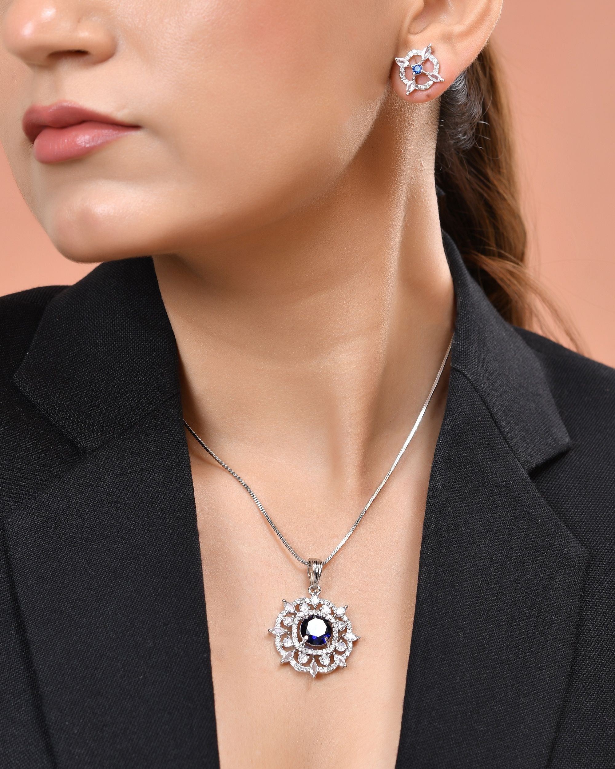 VOJ Silver Plated Blue Circular Stone Studded Sun Shaped Ad Pendant With Chain Set - Dista