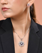 Thumbnail for VOJ Silver Plated Blue Circular Stone Studded Sun Shaped Ad Pendant With Chain Set - Dista