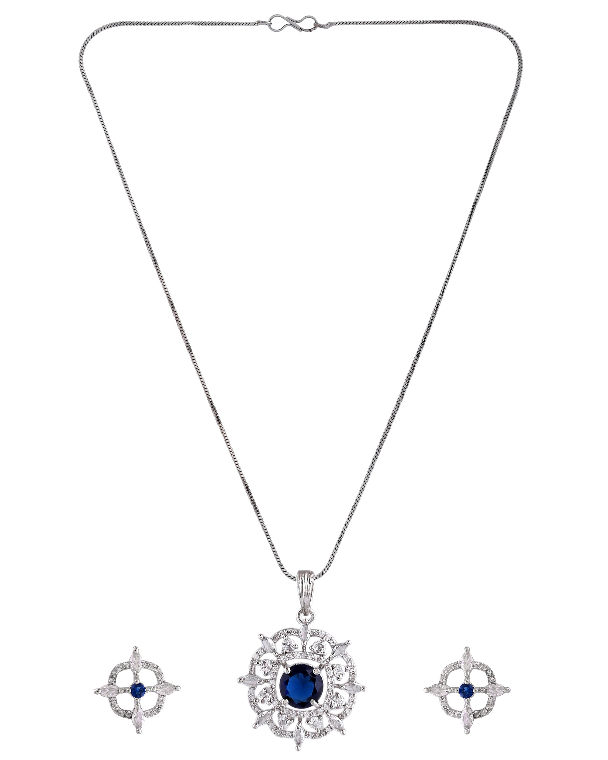 VOJ Silver Plated Blue Circular Stone Studded Sun Shaped Ad Pendant With Chain Set - Dista