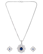 Thumbnail for VOJ Silver Plated Blue Circular Stone Studded Sun Shaped Ad Pendant With Chain Set - Dista