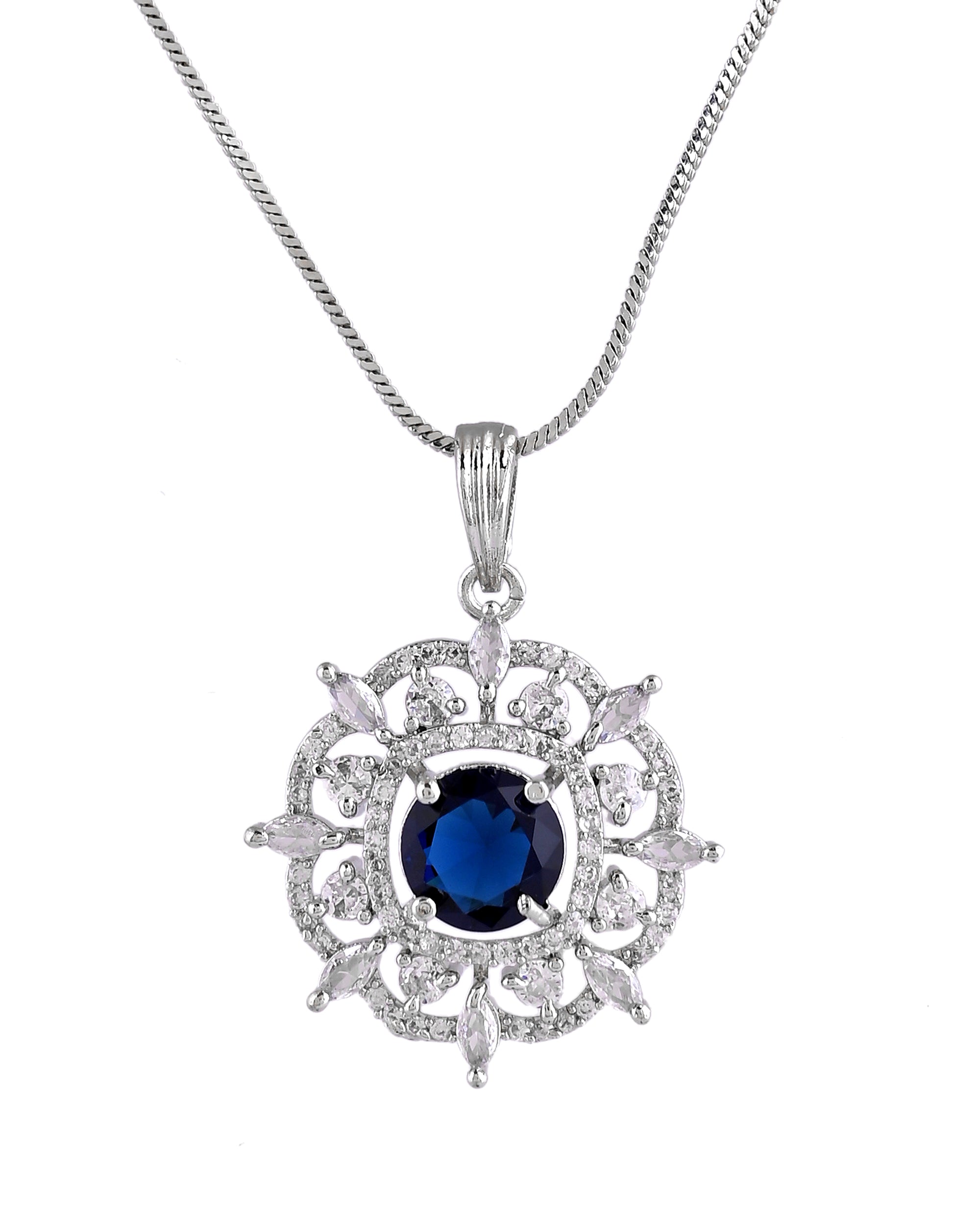 VOJ Silver Plated Blue Circular Stone Studded Sun Shaped Ad Pendant With Chain Set - Dista