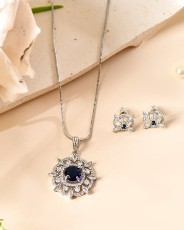 VOJ Silver Plated Blue Circular Stone Studded Sun Shaped Ad Pendant With Chain Set - Dista