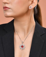 Thumbnail for VOJ Silver Plated Ruby Red Circular Stone Studded Sun Shaped Ad Pendant With Chain Set
