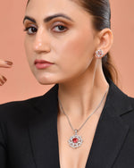 Thumbnail for VOJ Silver Plated Ruby Red Circular Stone Studded Sun Shaped Ad Pendant With Chain Set