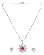 Thumbnail for VOJ Silver Plated Ruby Red Circular Stone Studded Sun Shaped Ad Pendant With Chain Set
