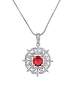 Thumbnail for VOJ Silver Plated Ruby Red Circular Stone Studded Sun Shaped Ad Pendant With Chain Set