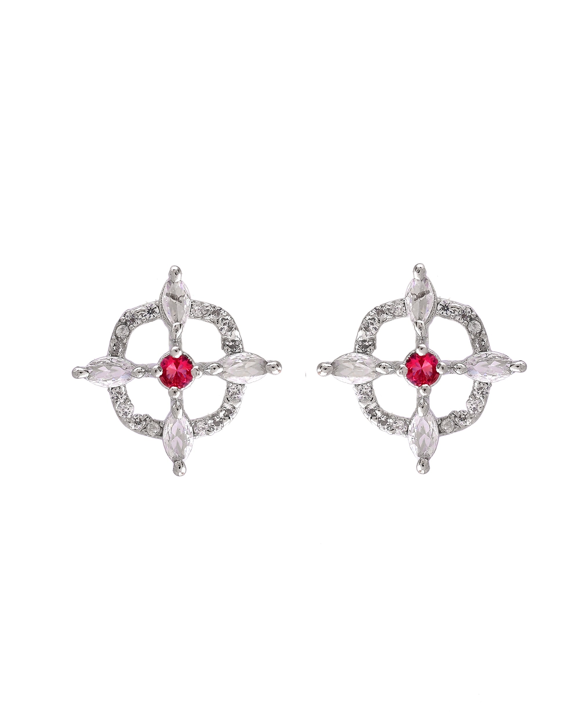 VOJ Silver Plated Ruby Red Circular Stone Studded Sun Shaped Ad Pendant With Chain Set
