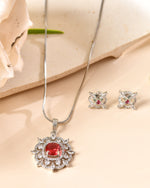 Thumbnail for VOJ Silver Plated Ruby Red Circular Stone Studded Sun Shaped Ad Pendant With Chain Set