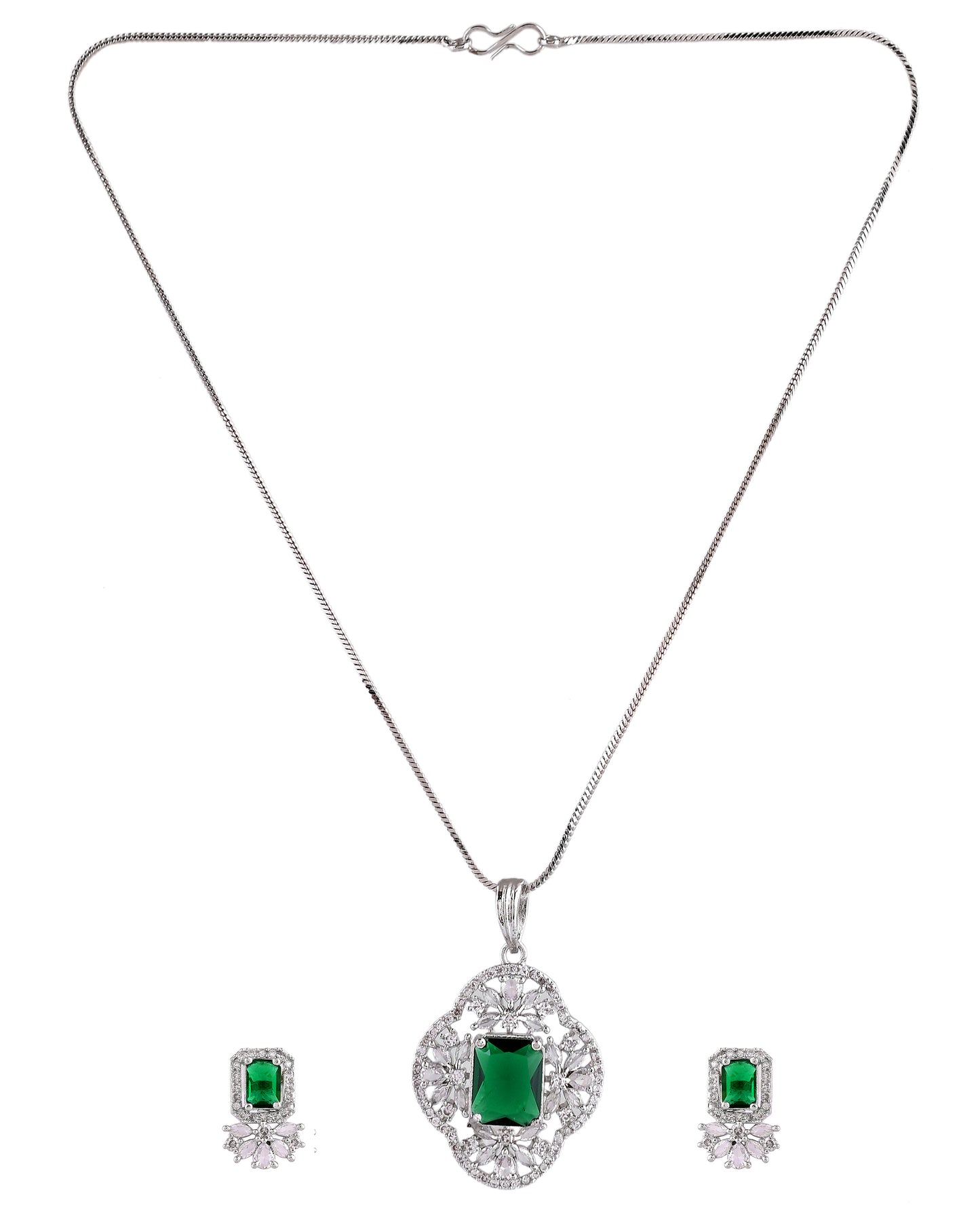 VOJ Silver Plated Green Rectangular Shaped Ad Chain Set - Dista
