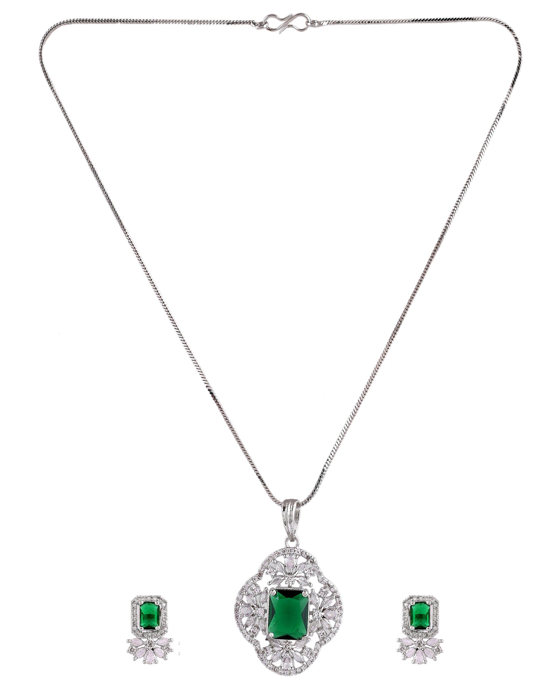 VOJ Silver Plated Green Rectangular Shaped Ad Chain Set - Dista