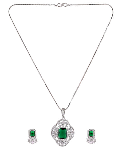 VOJ Silver Plated Green Rectangular Shaped Ad Chain Set - Dista